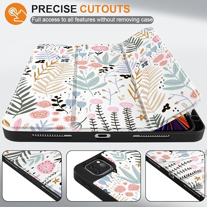 DONGKE Case for 2022/2021/2020/2018 iPad Pro 11 inch Gen 4/3/2/1 - Slim Protective Case - Built in Pencil Holder Support Charging - Trifold Stand & Sleep/Wake Cover - Tiny Flowers