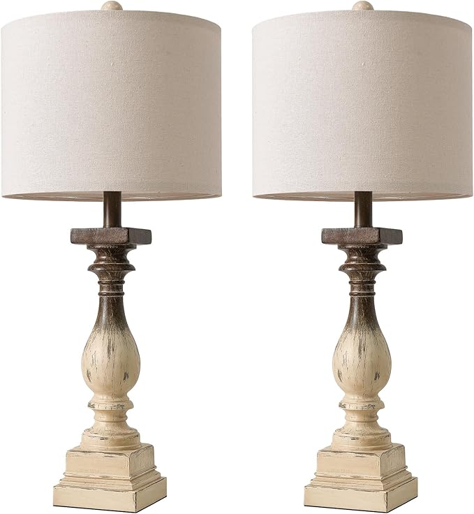 BOBOMOMO 27" Farmhouse Table Lamps with USB-A +C Ports, Vintage Rustic Side Table Lamps Set of 2, Linen Shade, Retro Bedside Night Stand Lamps for Living Room, Bedroom (Blubs not Included)