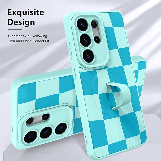 KANGHAR Compatible with Samsung Galaxy S26 Ultra Case, Support for MagSafe, Silicone Checkered Cute Pattern, Wristband Kickstand Camera Protection Soft Slim Cover for Girls Women -Blue