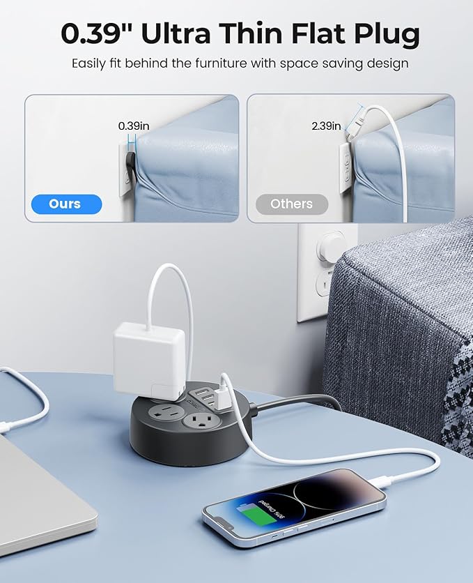 ORICO Power Strip, 45° Flat Plug Extension Cord with 3 AC Outlets and 4 USB-A Charging Ports, 5FT Black Compact Outlet Extender for Cruise/Travel/Home/Office - PSO