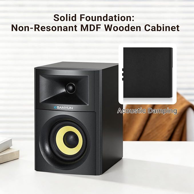 Sanyun SW205 4" 80W HiFi Bookshelf Speakers, 2.0 Active Near Field Studio Monitor, Upgraded 3D Sound Field, Flagship DAC & DSP, Geometric Diffusion Cabinet, Bluetooth 5.4/Optical/AUX, Black