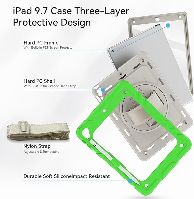 Case for iPad 6th/5th Generation 9.7'' with Screen Protector Pencil Holder [360 Rotating Hand Strap] &Stand, Drop-Proof Case for iPad 6th/5th/ Air 2/ Pro 9.7 (FruitGreen&Beige)