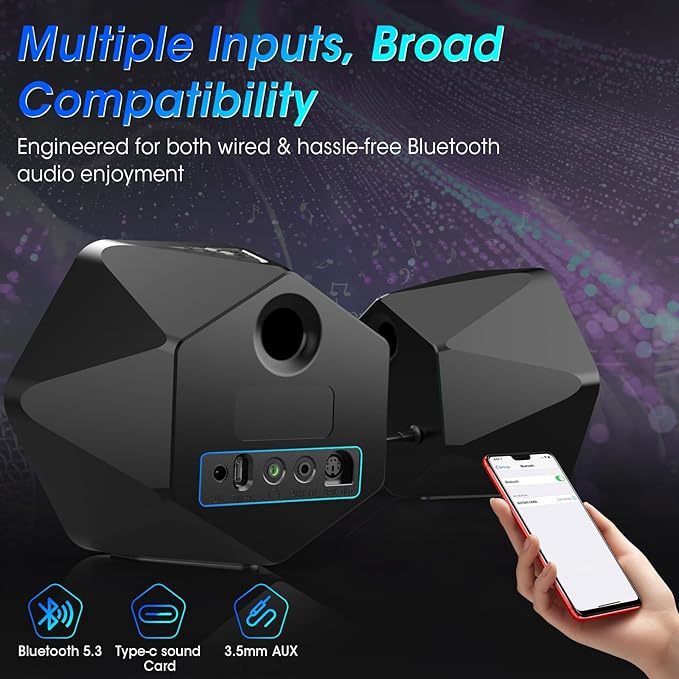 Computer Gaming Speakers, 50W Active Desktop Speakers with Infinity Mirror 3D Tunnel RGB (8 Modes), Bluetooth 5.3, AUX in, Headphone Out & Type-C Input, 3 EQ Modes, AC Powered for PC/Laptop/TV