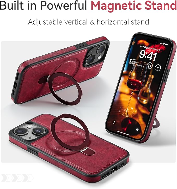 for iPhone 15 Case with Stand Compatible with Magsafe Slim PU Leather & Durable TPU Drop Proof Magnetic Kickstand Protective Phone Cover with Tempered Glass Screen Protector 6.1", Red
