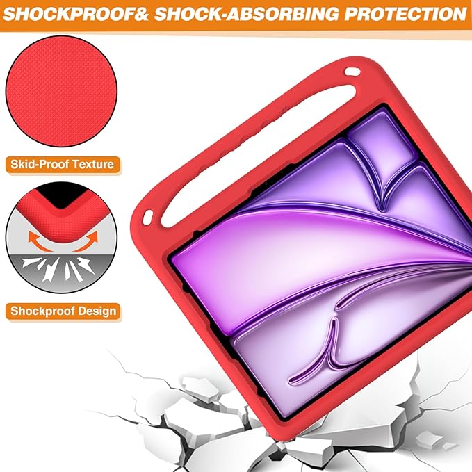 for iPad Air 11" M4 M3 M2 2026 2025 2024 Case for Kids, iPad Pro 11 Inch M5 M4 Case 2025 2024, Soft EVA Handle with Shoulder Strap Stand Cute Kids Friendly Bumper Cover, Red