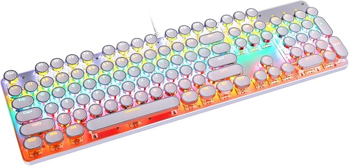 YSCP Typewriter Style Mechanical Gaming Keyboard Rainbow Backlit Wired with Blue Switch Retro Round Keycap 104 Keys Keyboard (L-White)