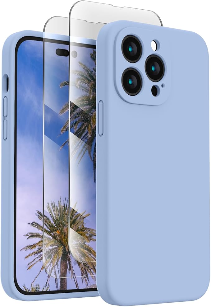FireNova for iPhone 14 Pro Case, Silicone Upgraded [Camera Protection] Phone Case with [2 Screen Protectors], Soft Anti-Scratch Microfiber Lining Inside, 6.1 inch, Light Blue