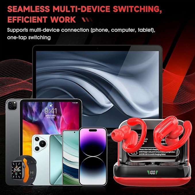 sajawass Wireless Earbuds Headphones Bluetooth 5.4, Noise Canceling Ear Buds with 75hr Playtime, IPX7 Waterproof Earphones Over-Ear Earphones for Sports/Workouts, LED Power Display - Red