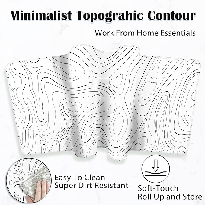 Topographic Mouse Pad XL - Large Extended Desk Mat for Gaming, Black and White Minimalist Keyboard Pad for Office & Home