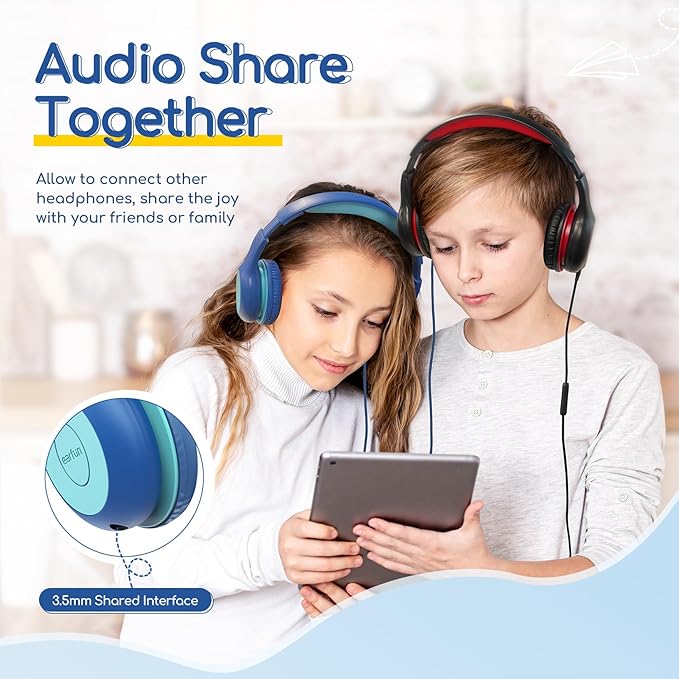 EarFun Kids Headphones Wired with Microphone, 85/94dB Volume Limit Headphones for Kids, Portable Wired Headphone with Shareport, Stereo Sound Foldable Headset for School/Tablet/iPad/Kindle Blue Green
