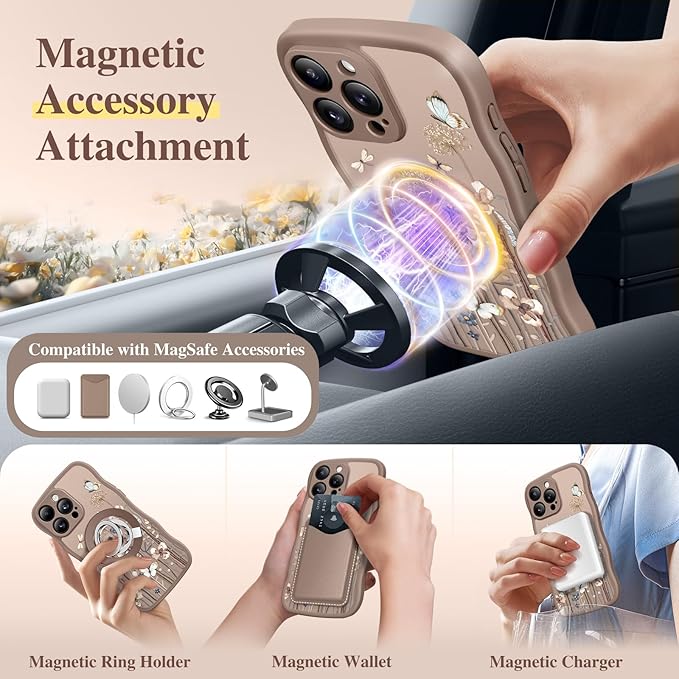 GVIEWIN for iPhone 16 Pro Max Case Compatible with MagSafe [Curly Wave Edge][Full Camera Protection] Floral Translucent Shockproof Magnetic Women Phone Case for 16 Pro Max, Autumnflit/Brow