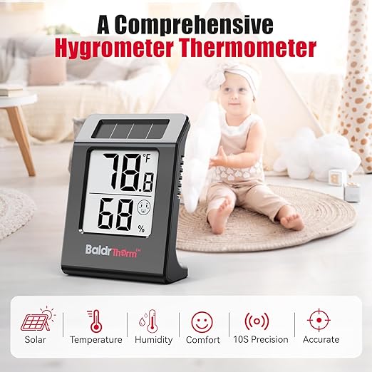 BaldrTherm Humidity Meter Hygrometer, Solar-Powered Room Thermometer Indoor Digital Temperature Sensor Monitor, 2.2''Humidity Gauge for Baby Rooms, Home, Office, 3Pack, Black