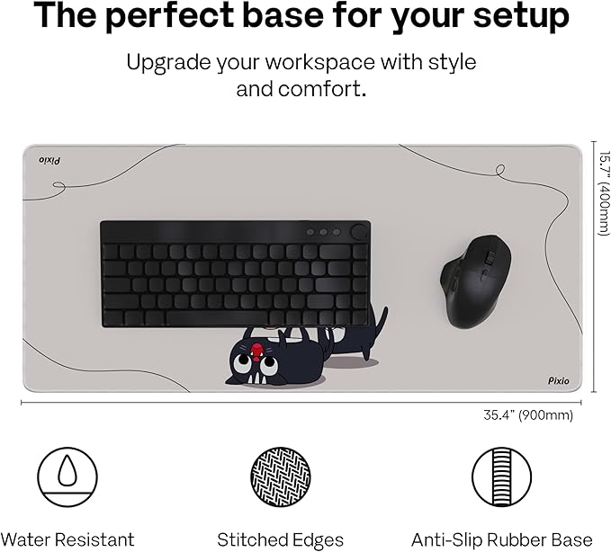 Pixio Mouse Pads - 36 x 16 inch XXL Playful Cats (Center) Beige Multifunctional Large Desk Mats for Gaming, Office, Desktop Anti-Slip Waterproof Washable Computer Mouse Mat