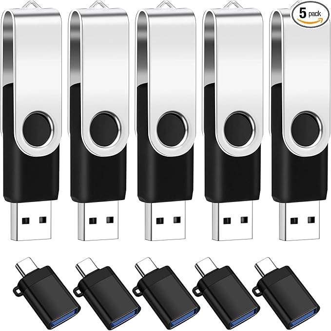 EASTBULL 5 Pack of 4GB USB 2.0 Flash Drives with 5 USB-C Adapters and Keychains, High Speed USB Drives 360 Rotatable Swivel Thumb Drives 4GB (5Pcs, Black)