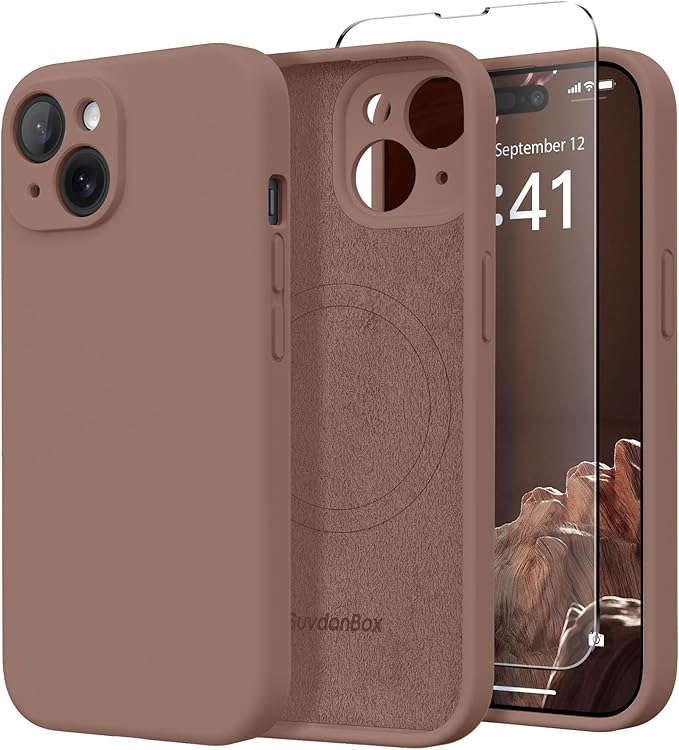Magnetic for iPhone 14 Case, Compatible with MagSafe, [Full Camera Protection][Screen Protector] Silicone Shockproof Protective Phone Case for iPhone 14 6.1 inch, Brown