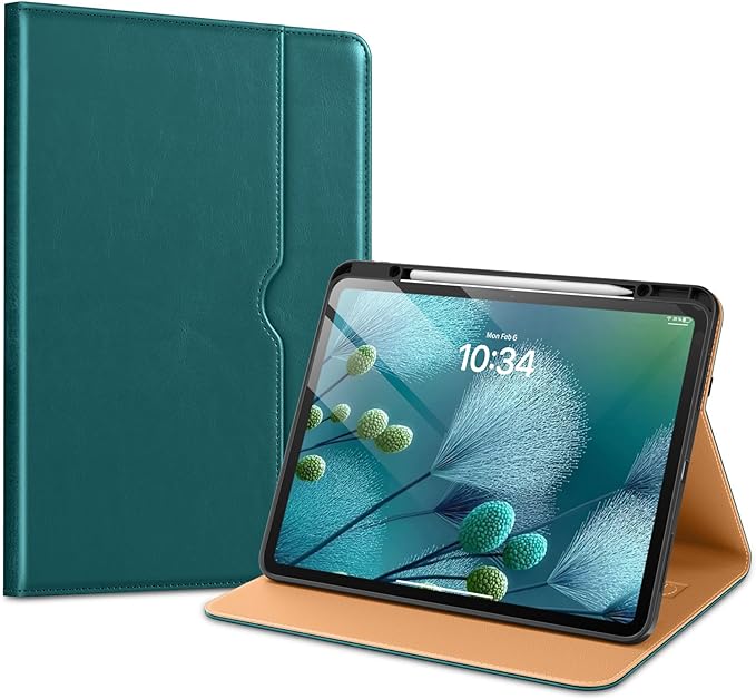 VIKESI Case for iPad Pro 13 (M4) 2024, Leather Stand Cover with Apple Pencil Holder, Auto Wake/Sleep, Multiple Viewing Angles, Built in Hand Strap & Pocket, Green