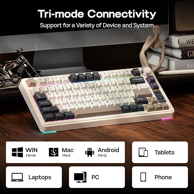 EPOMAKER X Aula EA75 MAX Wireless Gaming Keyboard with Screen & Knob, 5000mAh, Hot-Swap, Lubed Switches, RGB Backlit, Creamy Gasket, 75% Mechanical Keyboard (Retro White, Reaper Switch)