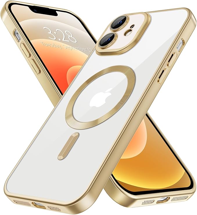 Hython Magnetic Clear for iPhone 12 Case with Camera Lens Protector [Compatible with MagSafe] Luxury Plating Edge Slim Soft TPU Cover Protective Phone Case for iPhone 12 6.1", Matte Gold