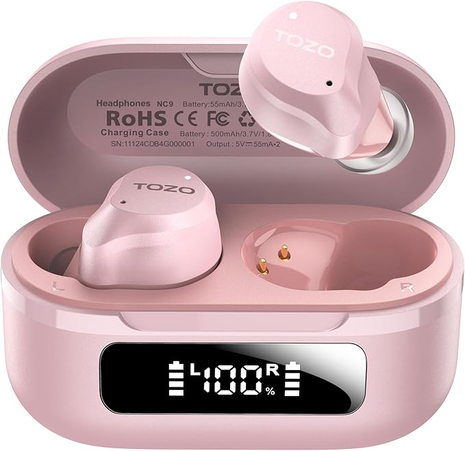 TOZO NC9 Hybrid Active Noise Cancelling Wireless Earbuds, 6 Mics ENC Clear Call, IPX8 Waterproof, in Ear Bluetooth 5.3 Headphones Stereo Bass Ear Buds 60H Playtime with LED Display 32 EQs via APP