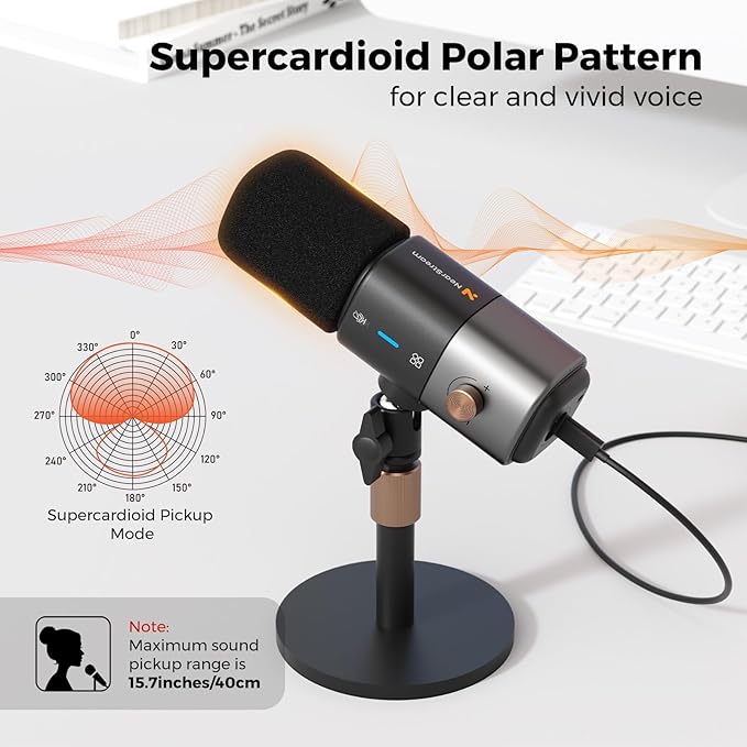NearStream AM25X Gen2 XLR/USB Condenser Microphone with Noise Canceling/Volume Control/Headphone Jack/Mute, Podcast Microphone for PC/Audio Mixer, Desktop Mic for Stream/Podcast/Gaming/Music Record