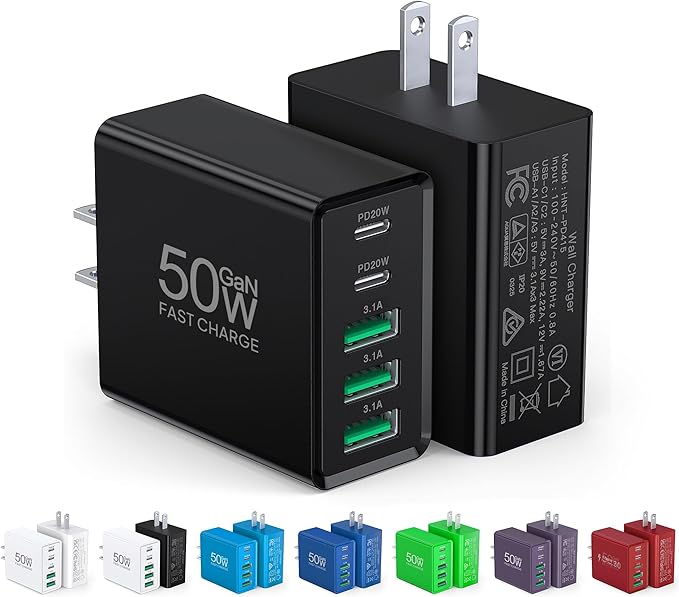 [2-Pack] USB C Wall Charger, 50W USB C Charger Block 5-Port PD Fast Charging Blocks,2USB C+3USB A Multiport Plug,Type C Power Adapter Brick Cube for iPhone 17/16/15/14/13/Pro,Samsung,for Switch（Black）