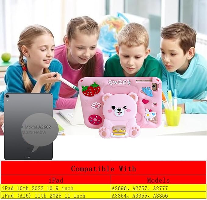 3D Cute Bear Case for iPad 10th Generation (2022) 10.9 inch/iPad (A16) 11th 2025 11 inch,Cartoon Pretty Sweet Bear Soft Silicone Foldable Stand Case with Lanyard for Kids Teens Girls