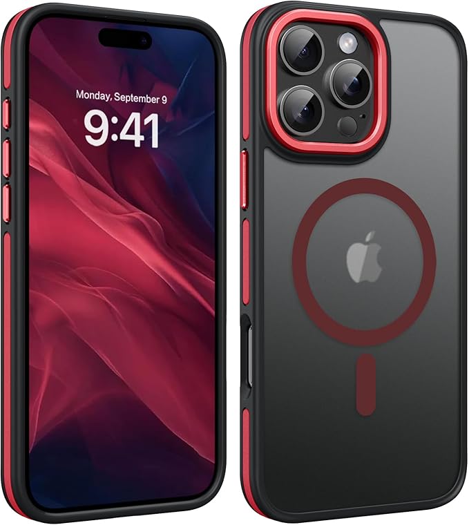 YINLAI Case for iPhone 16 Pro Max, Magnetic Case [Compatible with Magsafe] Supports Wireless Charging Slim Translucent Matte Women Men Shockproof Protective Back Phone Cover 6.9 Inch,Black/Red