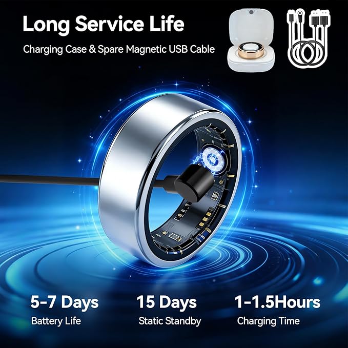 Smart Ring Fitness Tracker for Women and Men, Heart Rate Monitor, Sleep and Stress Monitoring, Menstrual Cycle Tracking, Step Counter, IP68 Waterproof, No Subscription, Compatible with iOS and Android