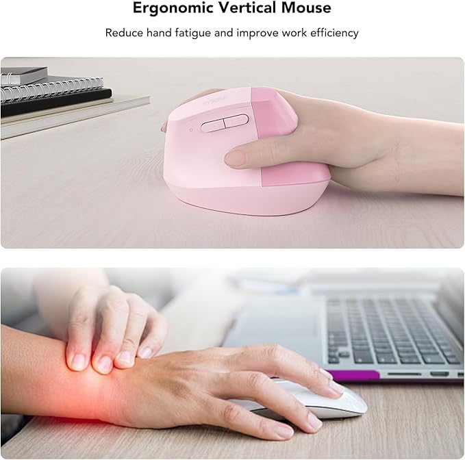 KYSONA EM18 Wireless Ergonomic Vertical Mouse, Ergo Design, Bluetooth Cordless Mouse for Medium/Large Hands, Silent Click, 5-Level Adjustable DPI, Carpal Tunnel Mice for Computer/PC/Mac/Laptop, Pink