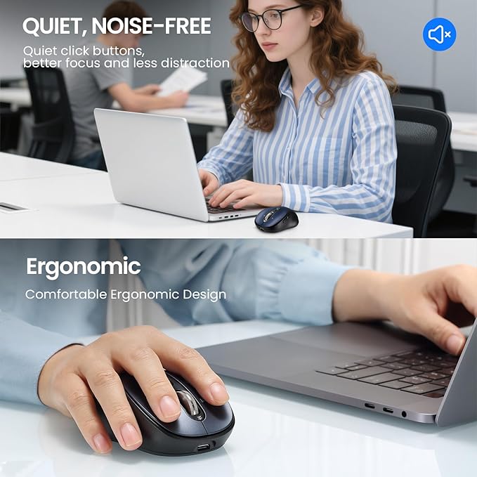 INFINMIND Bluetooth Wireless Mouse for Laptop,USB+BT×2,USB-C Charging,Quiet Multi Device Mouse,Metal 4-Way Super Scrolling,± 3200 DPI,Plug&Play,Ergo Computer Cordless Mice,for iPad/Tablet/Mac/PC/Phone