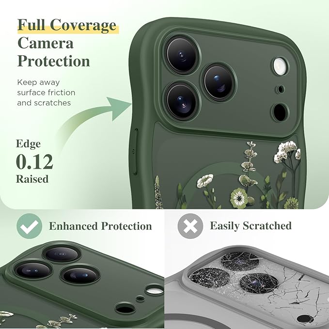 GVIEWIN for iPhone 17 Pro Max Case Compatible with MagSafe [Curly Wave Edge][Full Camera Protection] Floral Translucent Shockproof Magnetic Women Phone Case for 17 Pro Max, Floratopia/Forest Green