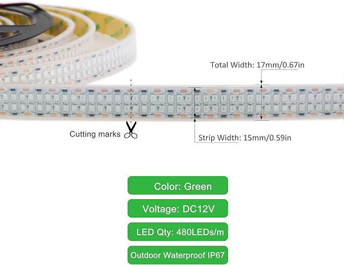 LEDENET Outdoor Green 12V LED Strip Lights 16.4ft, Double Row Super Bright 2400 LEDs Waterproof IP67, Dimmable Flexible Tape Lights for Outdoor, Truck, RV, and Boat Lighting