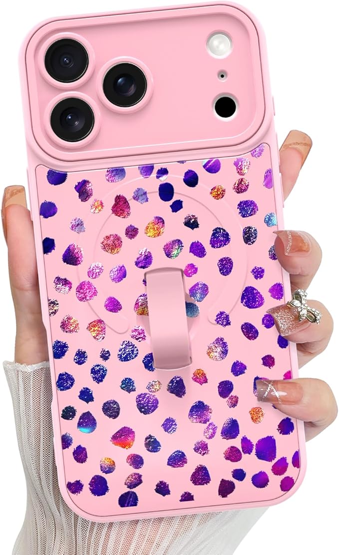 KANGHAR Compatible with iPhone 17 Pro Case, Support for MagSafe, Silicone Cute Iridescent Pattern Leopard Print Cheetah, Wristband Kickstand Shockproof Soft Slim Cover for Girls Women, Pink