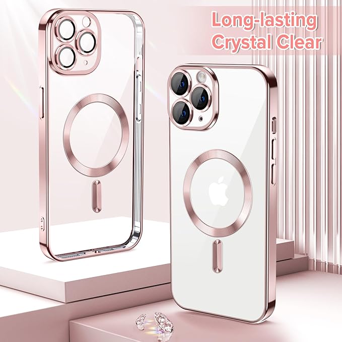 Hython Magnetic Clear for iPhone 11 Pro Case with Camera Lens Protector [Compatible with MagSafe] Luxury Plating Edge Slim Soft TPU Cover Protective Phone Case for iPhone 11 Pro 5.8", Pink