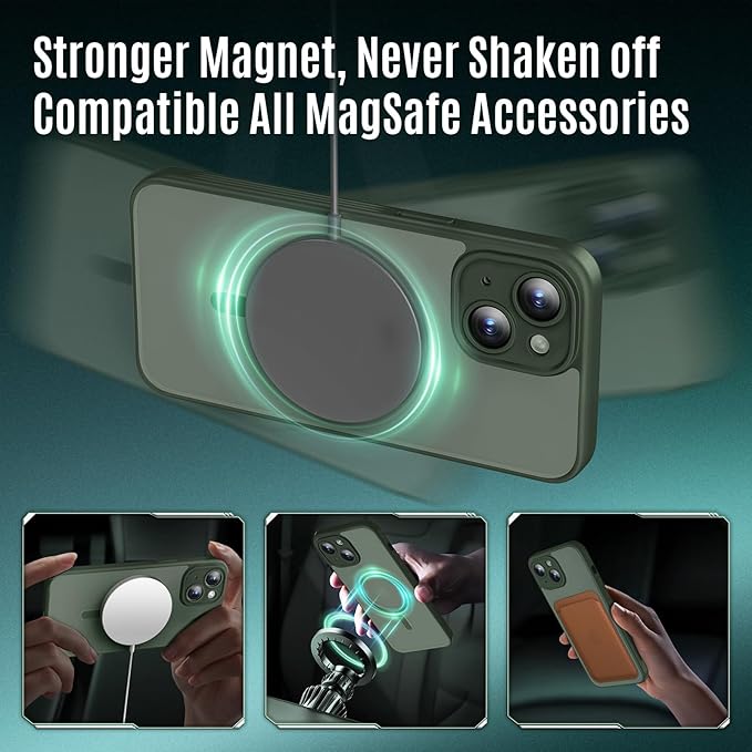 Symcele Designed for iPhone 14 Case, Compatible with MagSafe, with Privacy Screen Protectors X2, [Camera Protection] [15FT Military Drop Protection] Shockproof Phone Case, 6.1", Alpine Green