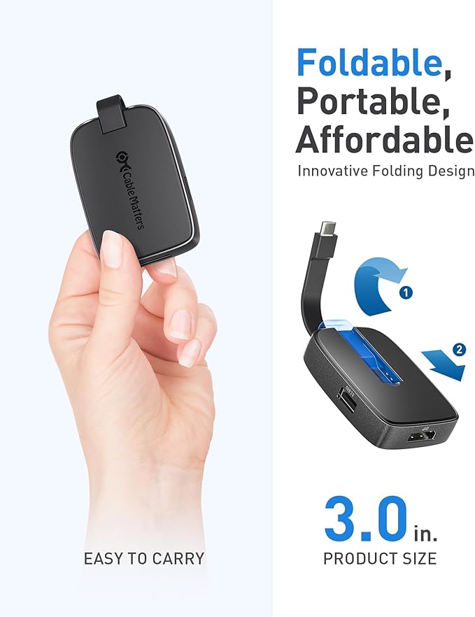 Cable Matters 4K@240Hz USB C Hub DisplayPort 1.4 with 100W Charging, Support 8K@60Hz, HDR(Foldable USB C to DisplayPort Hub) Compatible with Thunderbolt 4, MacBook, XPS, iPad Pro, iPhone 16/15 Pro