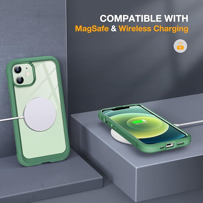 Miracase Glass Series for iPhone 12/12 Pro Case 6.1 inch, Upgraded Full-Body Rugged Phone Bumper Case Cover with Built-in 9H Tempered Glass Screen Protector and Camera Protector, Green