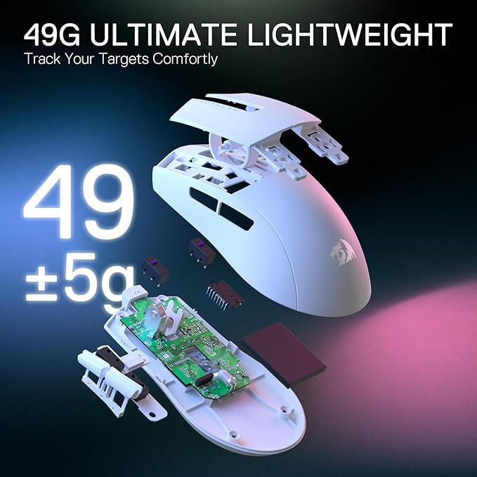 Redragon M916 STD 3-Mode Wireless Gaming Mouse, 49G Ultra-Light 24K DPI Mice w/Ergonomic Natural Grip Build, Full Programmable Buttons, Software Supports DIY Keybinds & DPI