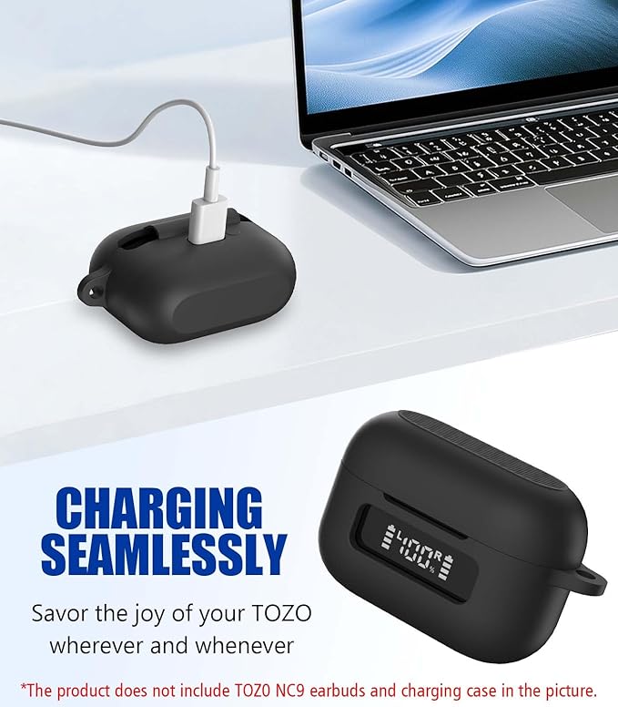 for TOZ0 NC9(2024) Case Cover, Silicone Protective Battery Display Visible Design Cover ONLY for TOZO NC9 Hybrid Active Noise Cancelling Wireless Earbuds 2024 Version with Carabiner-Black
