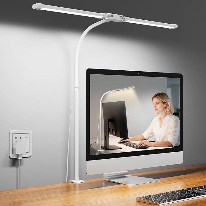 Woputne Desk Lamp with Clamp, with 5V 2A Adapter, LED Desk Lamp with Dual Head, 50 Light Modes, Computer Monitor Flexible Neck Lamp, Eye Protection Desk Lamps for Study, Office, Crafts, Draw(White)