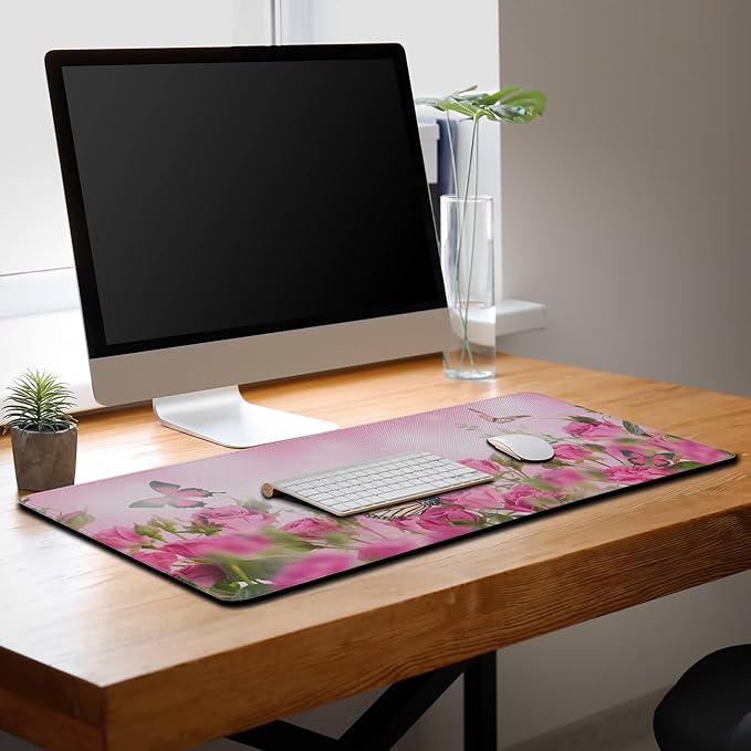 Computer Desk Mat Pink, Large Gaming Mouse Pads Desk Pad for Women Big Mouse Pad, Chic Office Desk Accessories Non-Slip Rubber Base, 35.4 X 15.7 inch for Work/Game/Office/Home Roses Butterfly