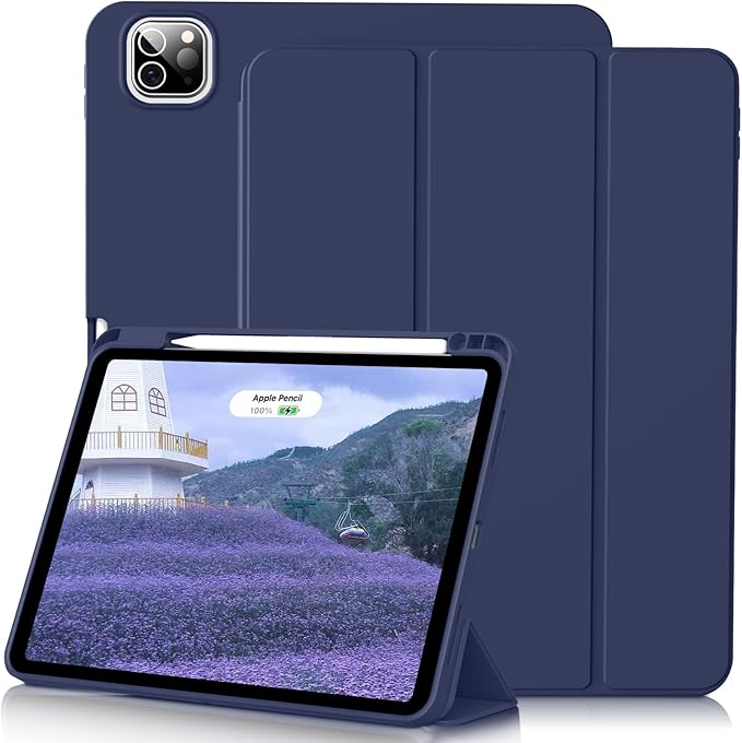 for iPad Pro 12.9 Inch Case 6th/5th/4th Generation (2022/2021/2020) with Pencil Holder, Smart Stand Cover with Soft TPU Back for iPad Air 13 inch Case, Auto Sleep/Wake, Navy