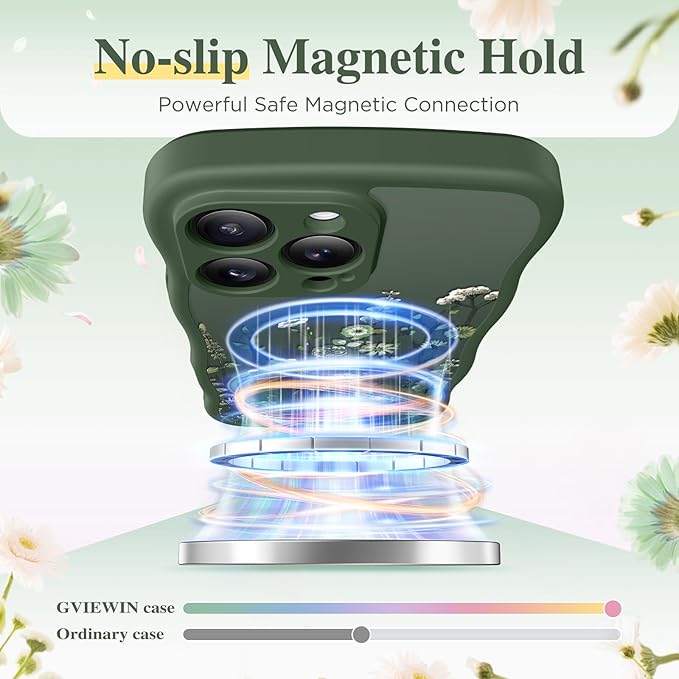 GVIEWIN for iPhone 15 Pro Max Case Compatible with MagSafe [Curly Wave Edge][Full Camera Protection]Floral Translucent Shockproof Magnetic Women Phone Case for 15 Pro Max 6.7'',Floratopia/Forest Green