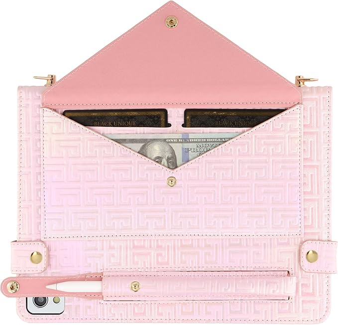 Shiny Case for iPad 6th/5th Gen 9.7 Inch (2018/2017), iPad Pro 9.7"/Air 2, Techcircle Crossbody Iridescent Folio Stand Multi-Pocket Wallet Case with Pencil Holder+Hand/Shoulder Strap, Shiny Pale Pink