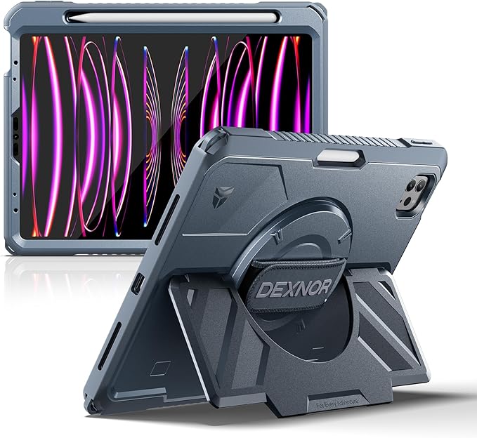 Dexnor Case for iPad Pro 11 inch 4th/3rd/2nd/1st Gen (2022/2021/2020/2018),Rugged Protective Case with 360° Rotating Hand Strap & Stand & Screen Protector & Pencil Holder Shockproof Bumper Cover,Blue