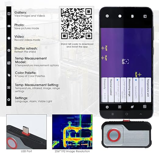 Thermal Camera for Type C Android, 256 x 192 IR High Resolution Thermal Imaging Camera with 8 Color Palettes, Temp Alarm for Electrical, Mechanical