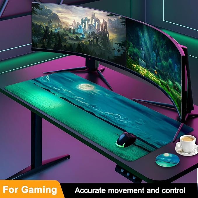 Large Gaming Mouse Pad with Coaster, Desk Matt for Desktop, Desk Pad, Mouse Pads Mat, Stitched Edges Big Extended Mousepad for Computer Keyboard Laptop Office Decor, 31.5'' x15.6''-Moon Ocean