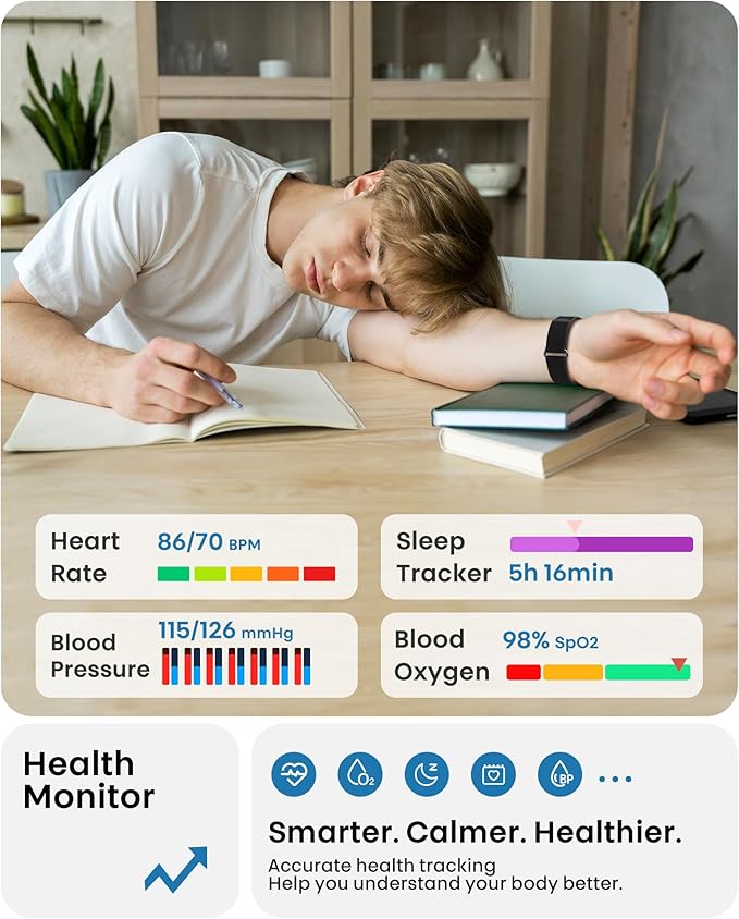 Smart Bracelet, Health Fitness & Activity Tracker with All-Day Continuous Heart Rate/Blood Pressure Monitor, Sleep Tracker, 170+ Sport Modes, 60 Day Battery & Free App, IP68 Smart Band for Android IOS