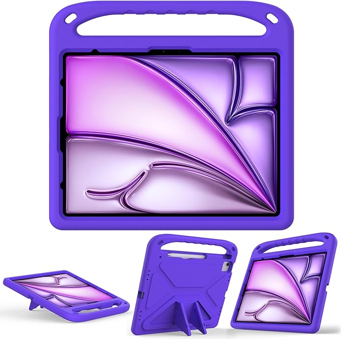 Kids Case for Apple iPad Air 13 inch Tablet M4/M3/M2 (2026/2025/2024) with Pencil Holder, Anti-Slip Handle Slim Lightweight Stand Shockproof Soft EVA Protective Silicone Bumper Cover, Purple
