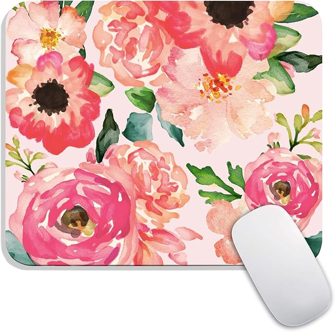 Square Mouse Pad Pink Watercolor Flower, Personalized Premium-Textured Custom Mouse Mat Design, Washable Mousepad Cloth, Non-Slip Rubber Base Computer Mouse Pads for Wireless Mouse